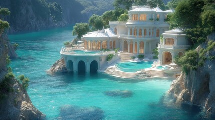 Obraz premium Luxurious coastal villa with stunning turquoise waters and greenery.