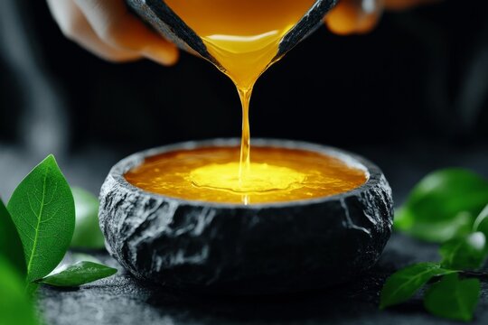 Fantasy-inspired image of a druid pouring a glowing herbal elixir into a ceremonial bowl, surrounded by enchanted plants, symbolizing magic and healing, symbolizing wisdom and enchantment