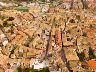 Urban view from drone of roofs of residential buildings in Spanish city of Huesca ..