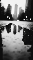A highcontrast black and white photograph of a city skyline in the rain with reflections of streetlights and skyscrapers in puddles.