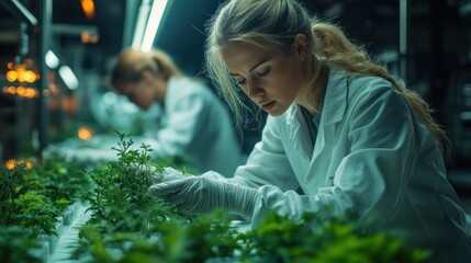 Researchers examining plants in a controlled environment.
