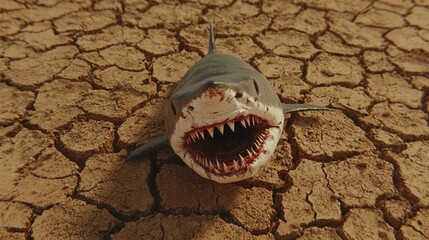 Naklejka premium A strikingly detailed shark resting on a dry ground capturing nature's paradox in stunning high quality and resolution
