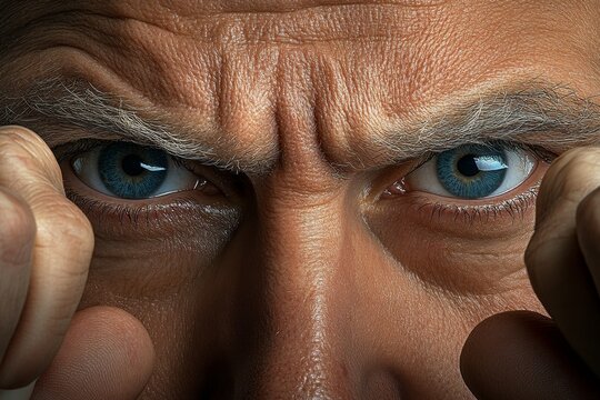 Hyper-realistic close-up of a witnessâ€™s face showing intense emotion, with small details capturing their anxiety and resolve, symbolizing realism and courage