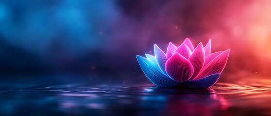 A vibrant, illuminated lotus flower floating on shimmering water, set against a colorful, ethereal background.