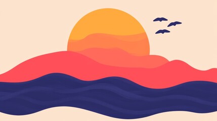 A lofi sketch of a beach with waves, birds and space for text.