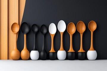 Illustration of measuring spoons in different sizes, lined up neatly on a white background, capturing the organized and practical aspect of culinary tools, symbolizing ease and structure