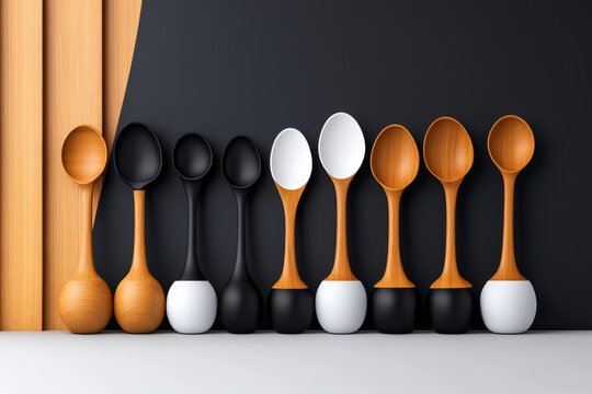 Illustration of measuring spoons in different sizes, lined up neatly on a white background, capturing the organized and practical aspect of culinary tools, symbolizing ease and structure