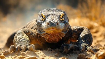 A close-up of a Komodo dragon in a natural setting.