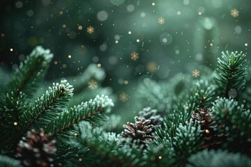 Beautiful frosted evergreen branches with delicate snowflakes and warm bokeh, capturing the peaceful spirit of winter and holiday season