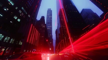 Fototapeta premium Red and white light trails blur together between the dark silhouettes of towering high rises.