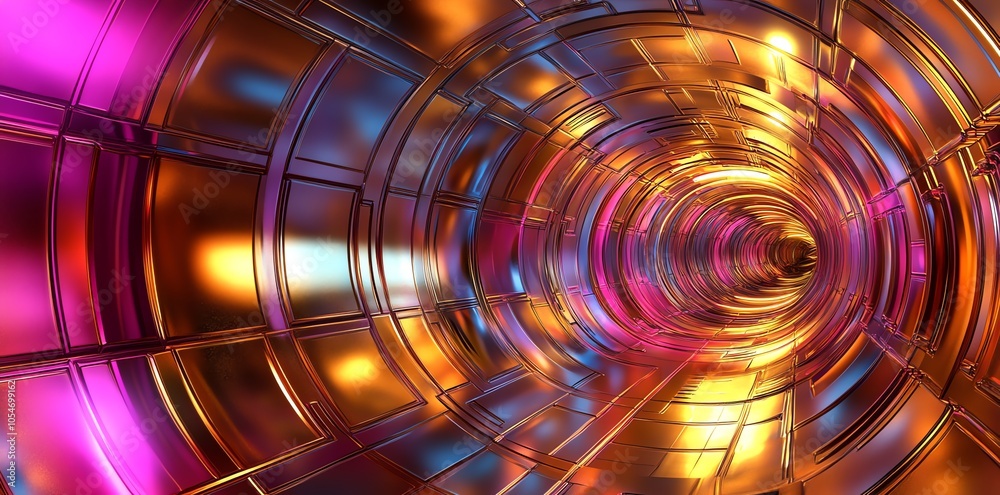 Poster Abstract 3D rendering of a metallic tunnel with glowing lights.