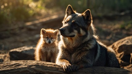 Obraz premium German Shepherd and fox cub sitting on rocks during sunrise
