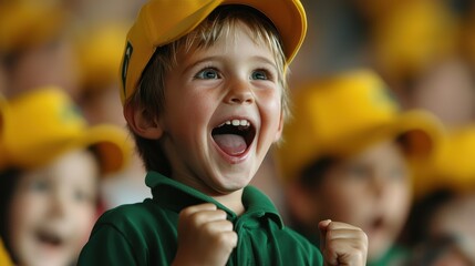 A joyful child in a yellow cap celebrates enthusiastically with a big smile, surrounded by other children wearing similar hats.