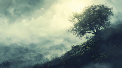 Fototapeta premium Trees emerging from the misty moor in fantasy realm fantasy wallpaper. Misty Moorlands. Illustration