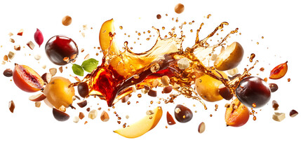 A lively splash of chestnuts and quinces, with juices and fruit parts flying outward. Isolated on white background