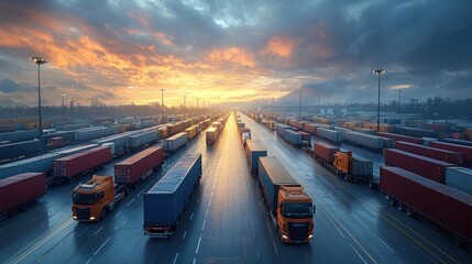 Trucks lined up in a freight yard at sunset after rain.