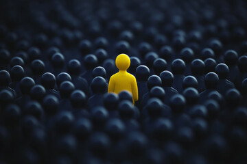 A figure standing out from the crowd of people. Business leadership and success