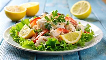 Seafood salad with crab meat, lettuce, lemon on white plate
