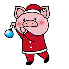 サンタの衣装でクリスマスの飾りつけをするぶた