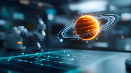 Futuristic representation of a glowing planet with rings, floating above a digital grid background.