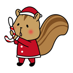 サンタの衣装でクリスマスの飾りつけをするリス