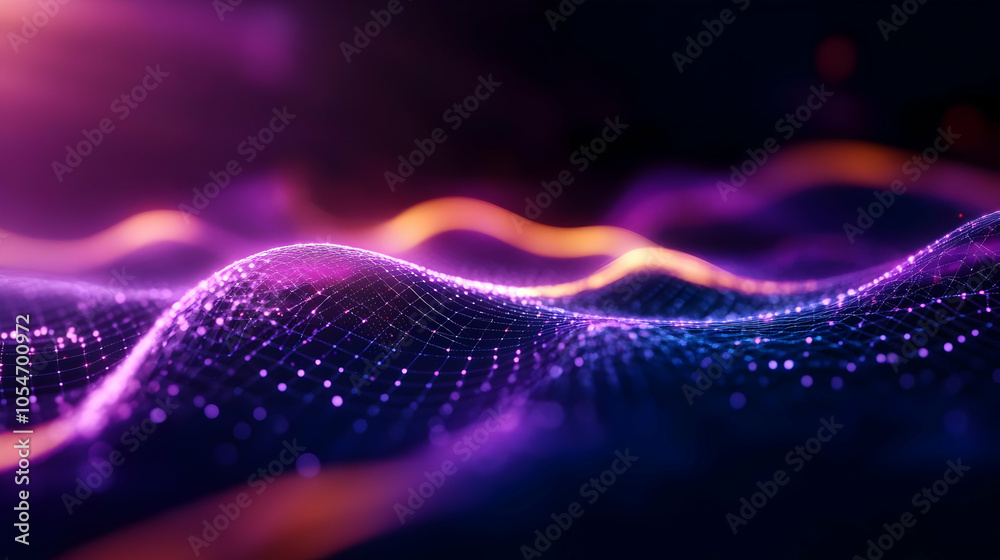 Poster abstract wave patterns with glowing particles, creating a dynamic and colorful visual effect.