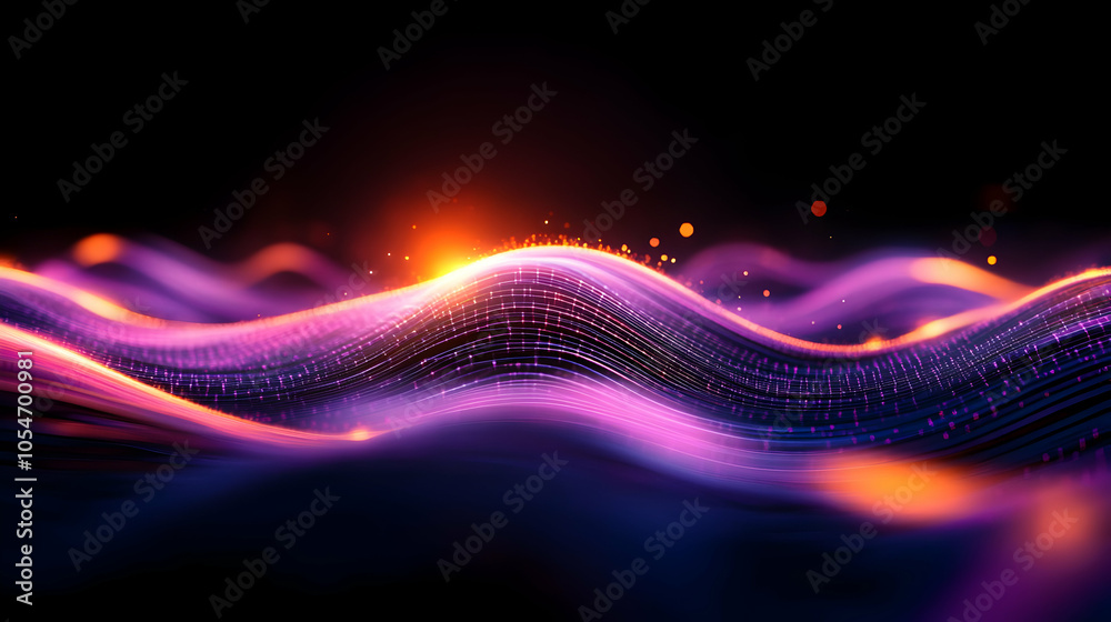 Wall mural abstract waves of light in vibrant purple and orange colors, creating a dynamic visual effect.
