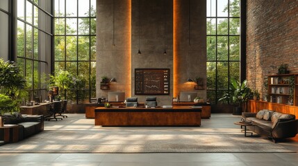 A large room with a brick wall and a large window. Generative AI