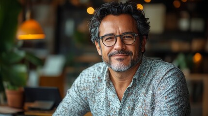 Fototapeta premium Middle-aged Hispanic man creating mobile applications in a modern workspace during daytime hours