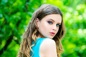 Naklejka premium Summer spring beauty girl outdoor. Sunny Portrait. Natural makeup.