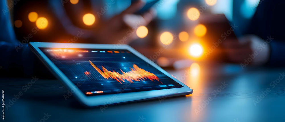 Poster tablet displaying financial graphs with analytics in a modern workspace setting.