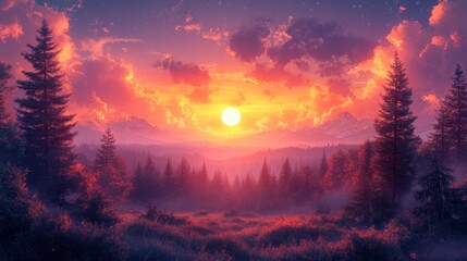 A beautiful sunset with a large sun in the sky. Generative AI