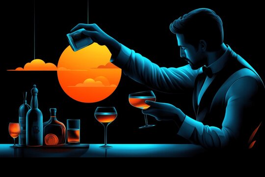 Retro-inspired illustration of a bartender pouring whiskey in a classic bar setting, evoking the sophistication of old-fashioned mixology, symbolizing refinement and style