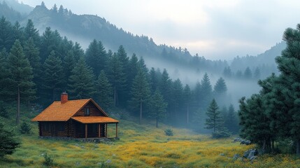 A serene cabin in a misty forest landscape.