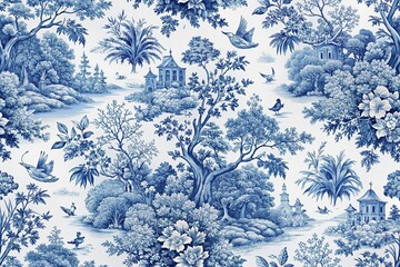 Seamless blue and white toile de jouy voyage pattern with bird eye view