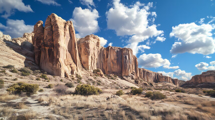 Fototapeta premium Vibrant blue sky with clouds above imposing desert rock formations, illustrating the rugged beauty of the desert terrain. Sunny Desert Canyon. Illustration