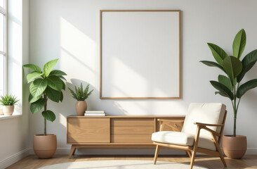 Modern minimalist interior featuring a wooden bench, white armchair, and large houseplants. Natural sunlight streams through the window creating dramatic shadows. Empty white frame perfect for mockup.