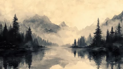 A painting of a forest with a lake in the background. Generative AI