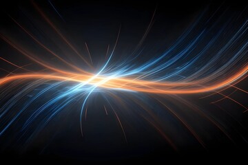 3D rendering of an abstract scene with blue and orange gradient light streaks and glowing effects on black