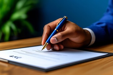 Simple outline of a hand gripping a pen, capturing the act of signing an affidavit or statement in minimalist style, symbolizing authenticity and commitment