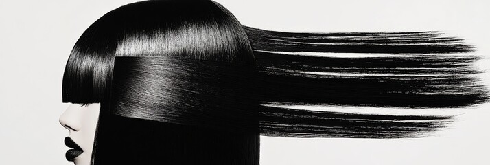 A model with long, straight black hair in motion, creating a dynamic effect.