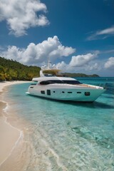 Motorboat moored on sandy beach with clear waters under blue sky