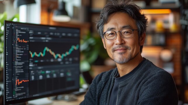 Middle-aged Asian man analyzing data trends in a cozy workspace during a calm afternoon
