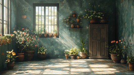 Obraz premium A room with a window and a wooden cabinet. Generative AI