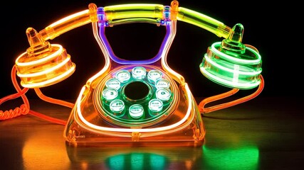 A vintage rotary phone with neon lights glows brightly in a dark room - Powered by Adobe