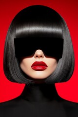 Fototapeta premium A studio shot of a model with sleek, straight jet black hair, captured in motion to create a dynamic effect as the hair flows around her shoulders. This emphasizes the smoothness and shine.