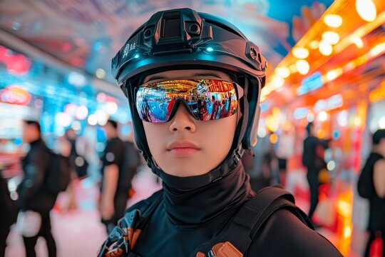 Undercover cop in cyberpunk attire with digital sunglasses and hidden weapons, blending into a futuristic, neon-filled bar, symbolizing intensity and high-tech mystery, symbolizing modernity