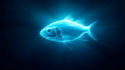 A glowing blue fish gracefully swims through a dark underwater environment, showcasing its vibrant colors and fluid movement.