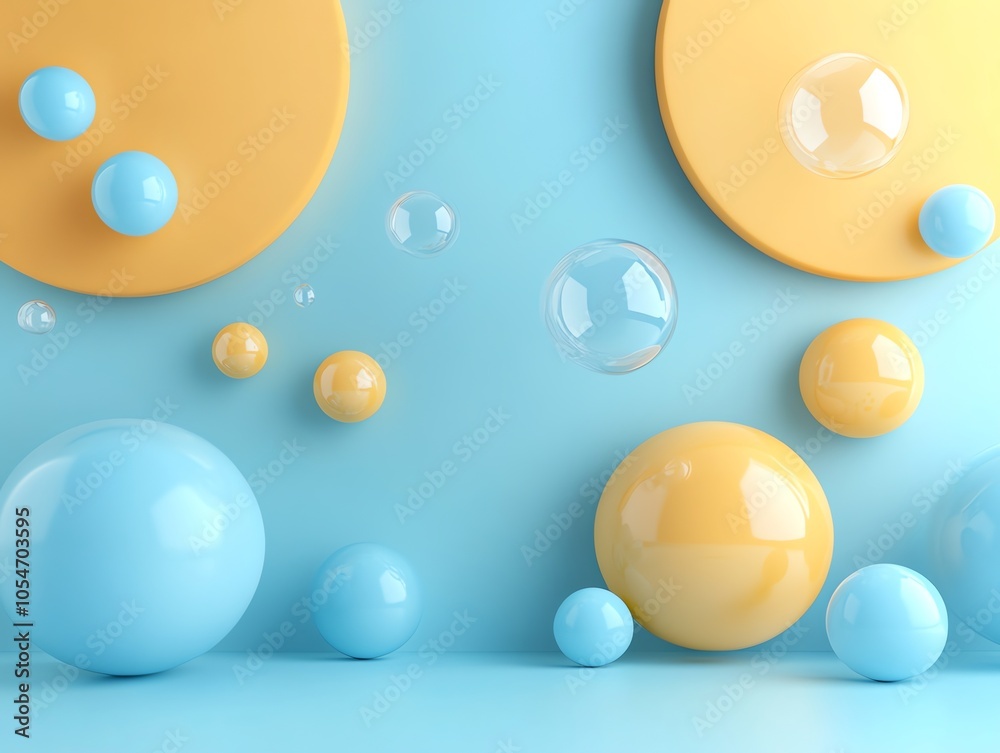 Poster a blue and yellow background with spheres, circles, and bubbles in various sizes and positions.