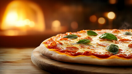 Delicious pizza with fresh basil served on a wooden board, warm and inviting atmosphere.